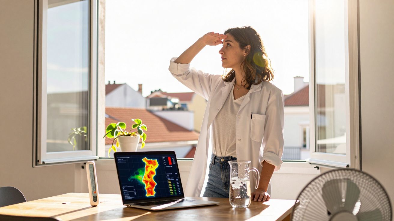 Mulher com bata branca observa pela janela aberta numa sala com mesa, laptop e jarra de água.