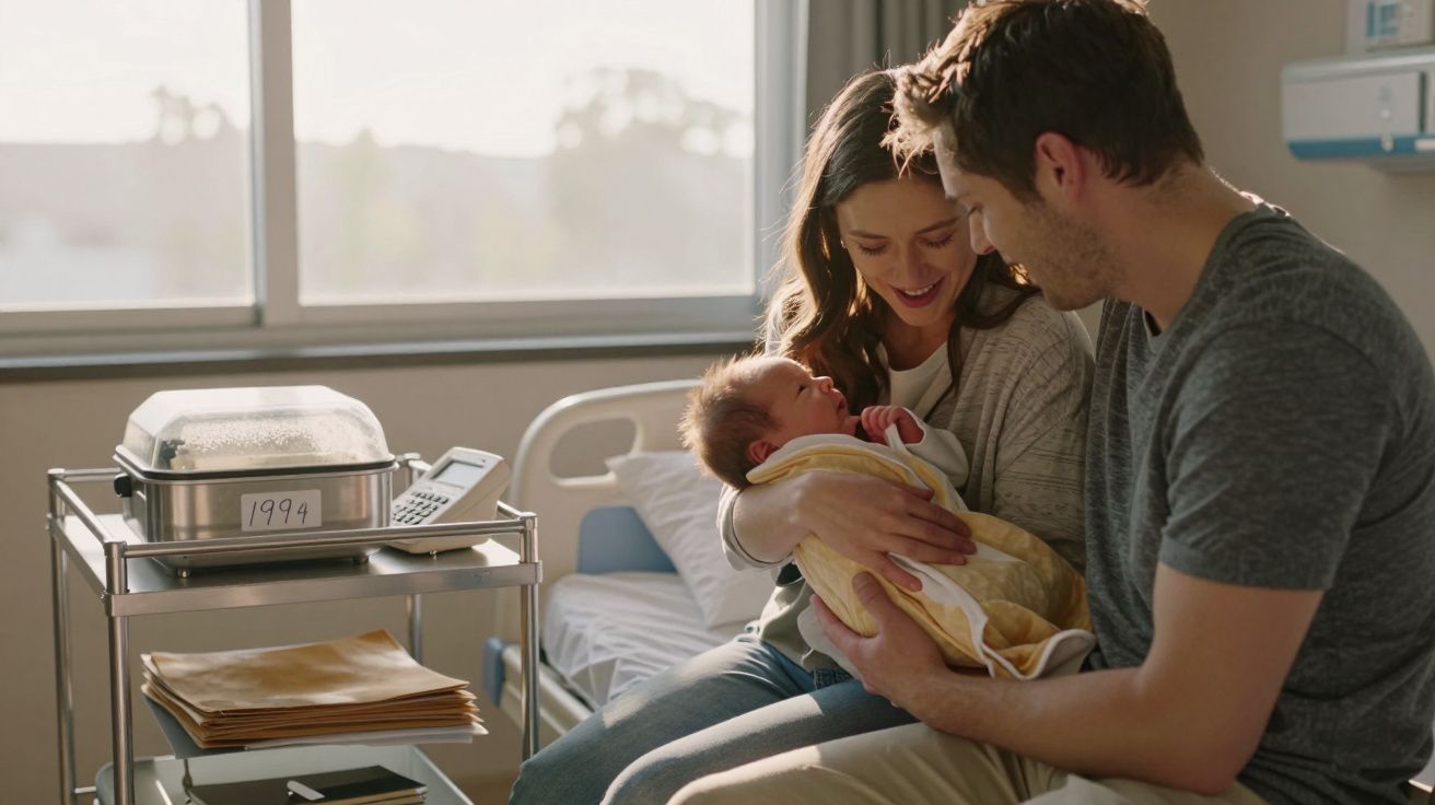 Casal sentado em quarto de hospital, sorrindo e segurando um bebé recém-nascido embrulhado em manta amarela.
