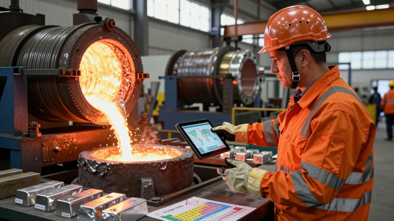 Trabalhador de fardamento laranja controla fundição de metal líquido numa fábrica industrial.