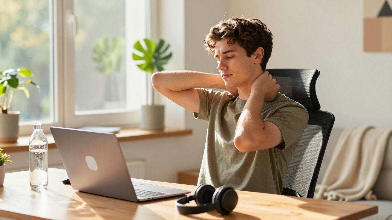 Homem jovem sentado a trabalhar num computador portátil, a massajar o pescoço num escritório luminoso.