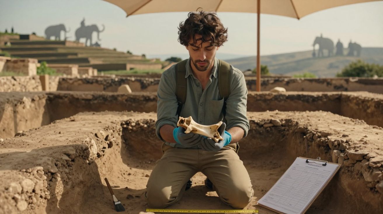 Arqueólogo examina osso antigo num sítio de escavação ao ar livre sob sombrinha.