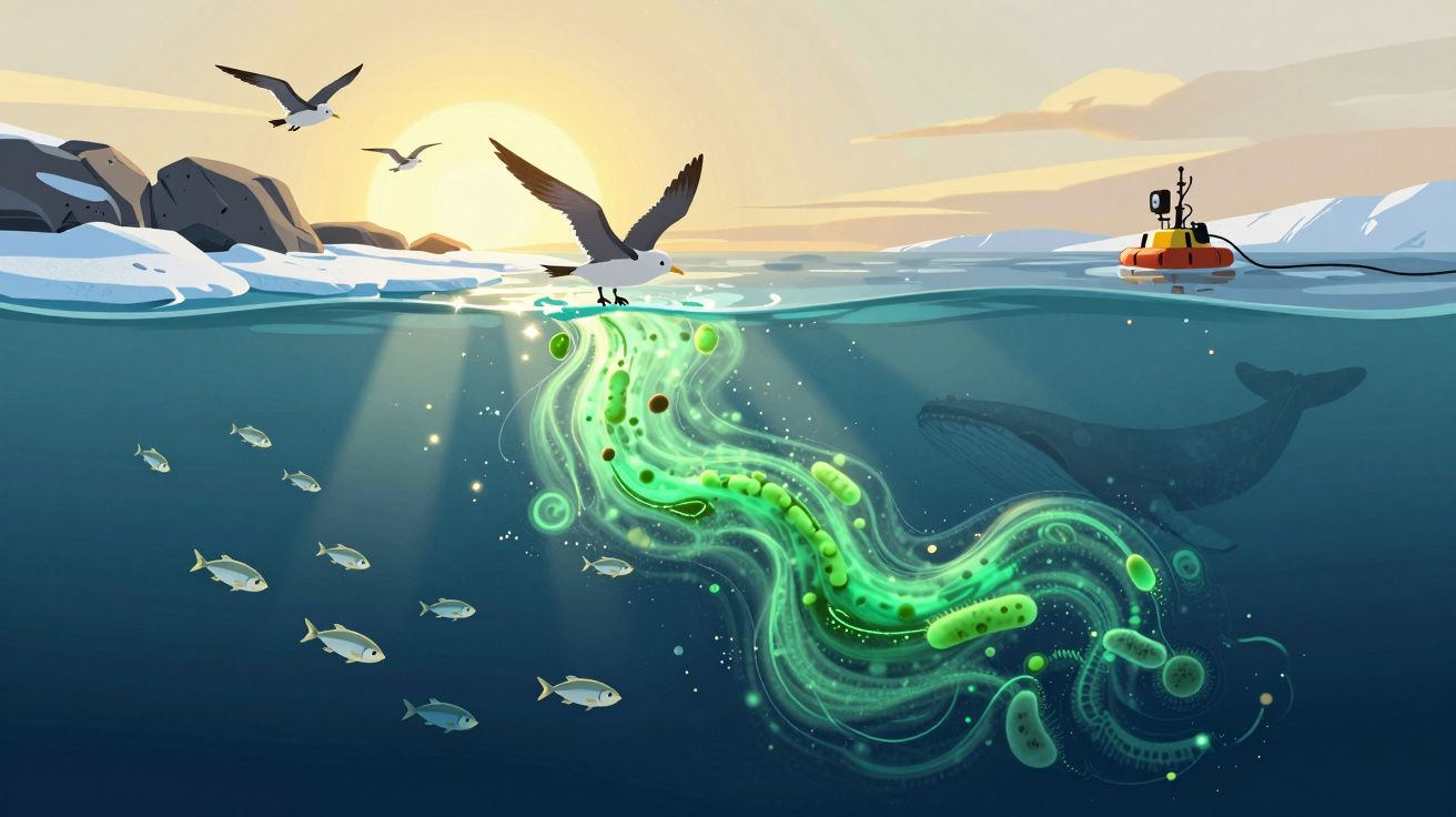 Ilustração de gaivota sobre água com microrganismos verdes e peixe, baleia e barco ao fundo ao pôr do sol.