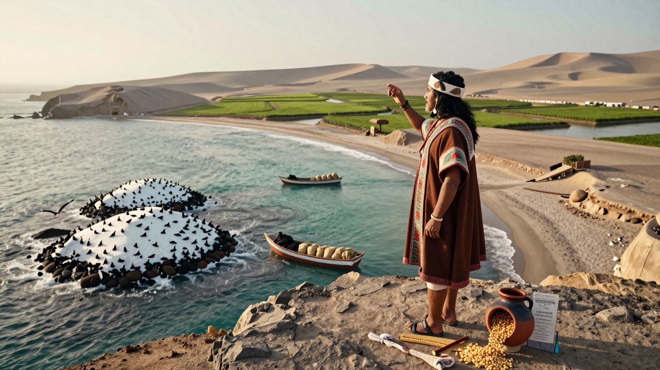Homem indígena em traje tradicional observa lagoa com canoas e montes de sal junto a campos agrícolas.