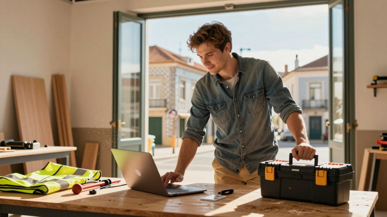 Homem a trabalhar com computador e caixa de ferramentas numa oficina com porta aberta para a rua.