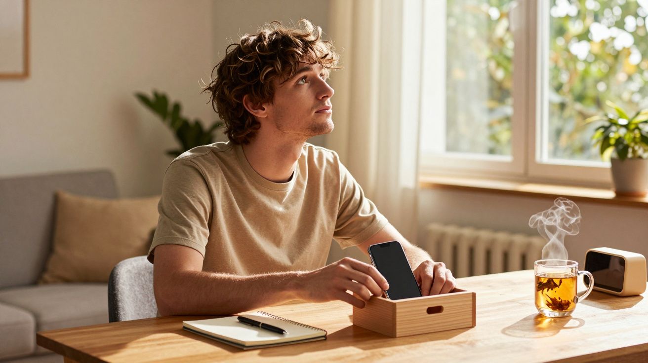 Jovem sentado a uma mesa de madeira a guardar um telemóvel numa caixa, com chá quente e bloco de notas ao lado.