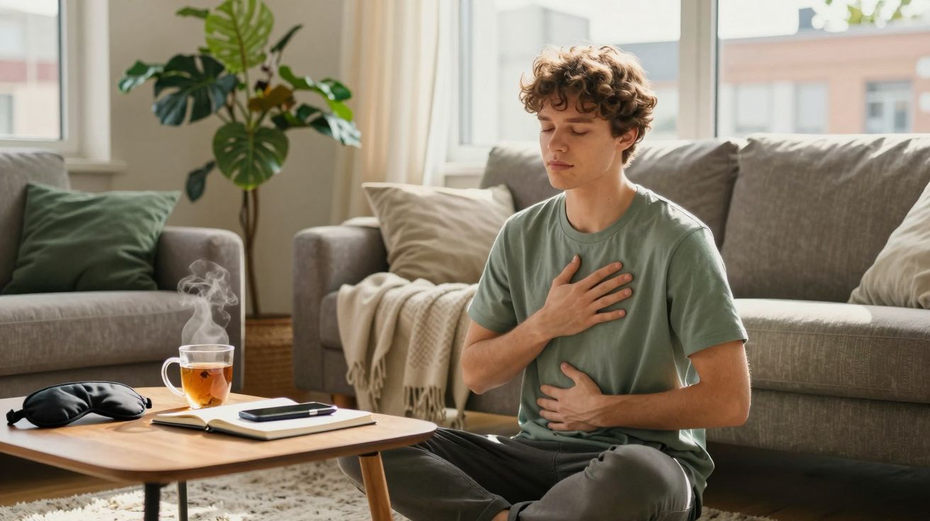 Jovem sentado no chão da sala a praticar respiração profunda com mãos no peito e no abdómen.