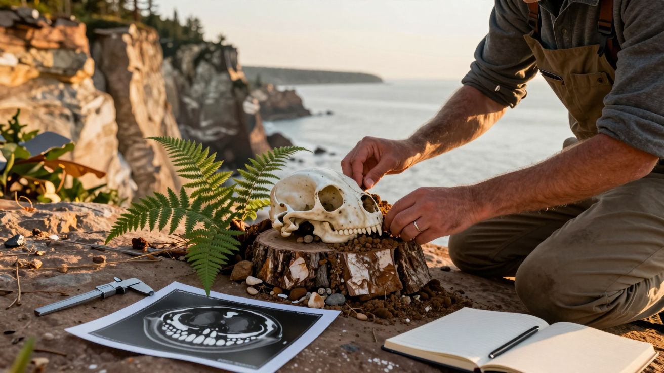 Pessoa montando crânio humano em tronco junto a plantas, raio-X dentário e caderno ao ar livre, perto de falésia costeira.