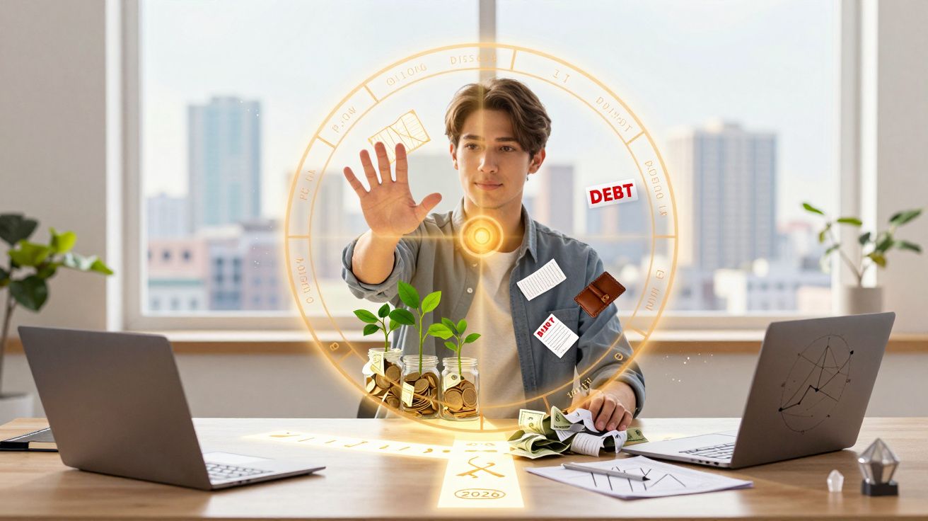 Jovem interage com holograma financeiro, analisando moedas, plantas e dívidas num escritório moderno.