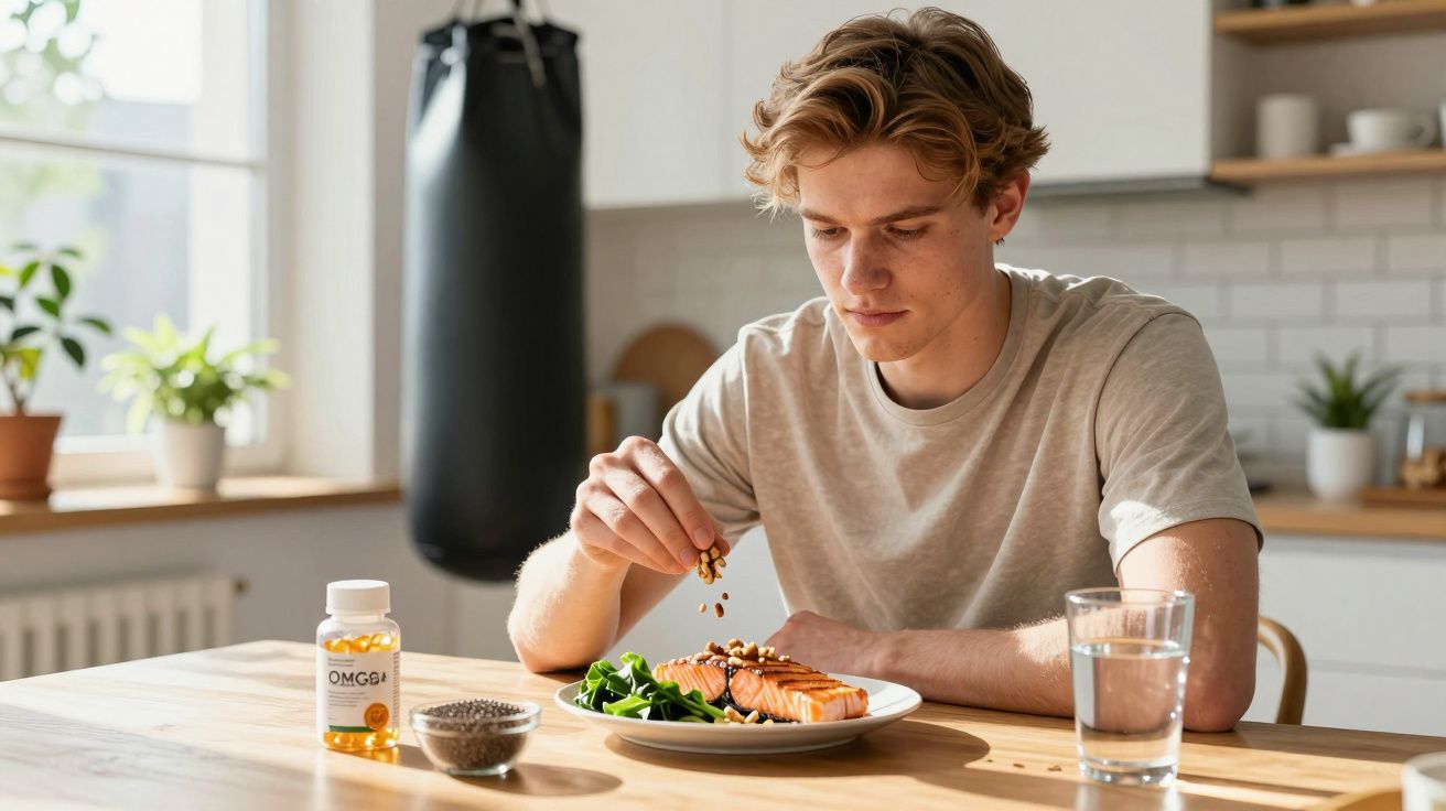 Jovem sentado a uma mesa num ambiente luminoso tempera salmão grelhado com sementes, ao lado de suplementos e um copo de água