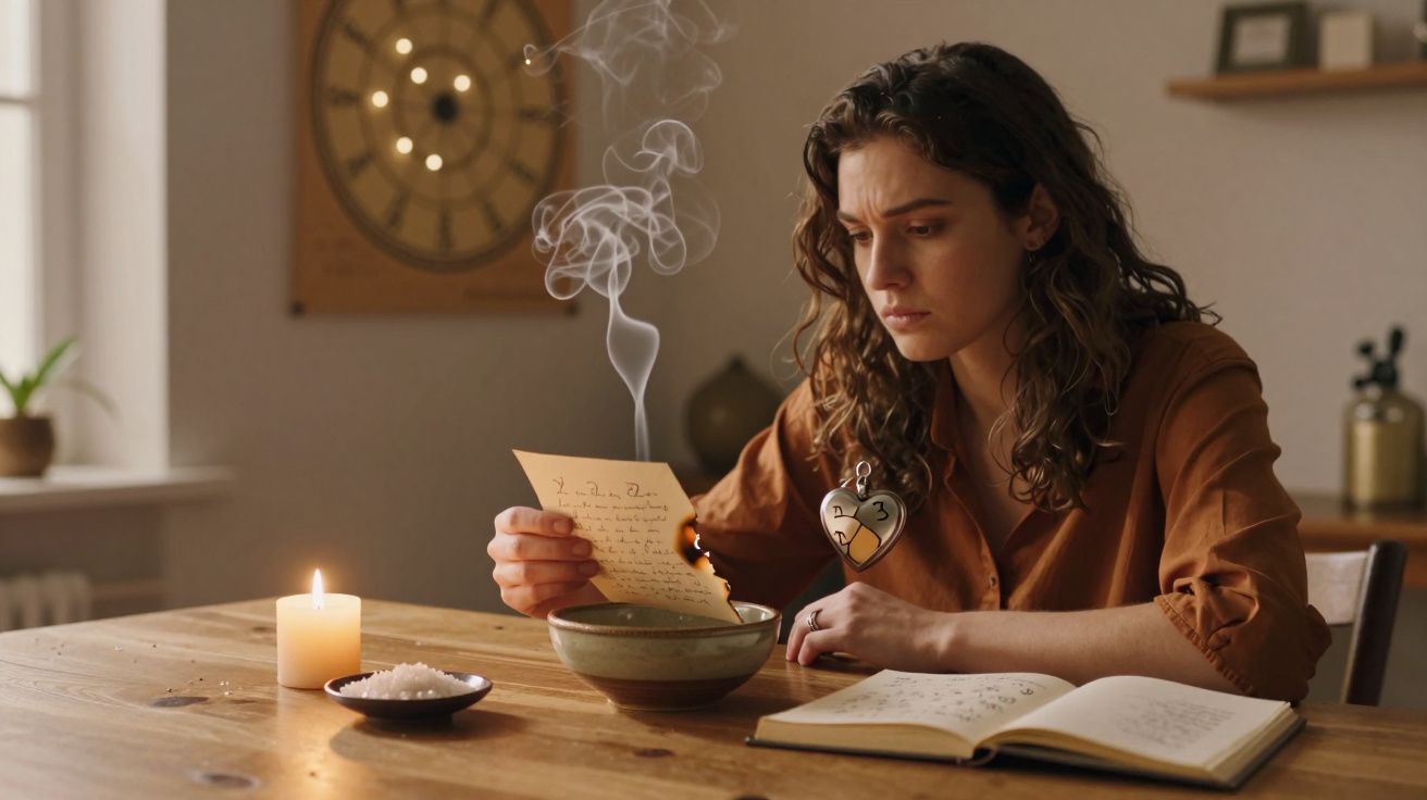 Mulher sentada a queimar uma carta junto a um prato de sal e vela acesa numa mesa de madeira.