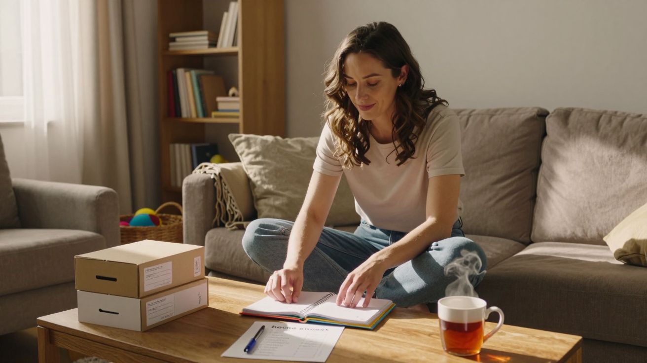 Mulher sentada no chão a escrever num caderno em sala com sofá, documentos e chá na mesa de madeira.