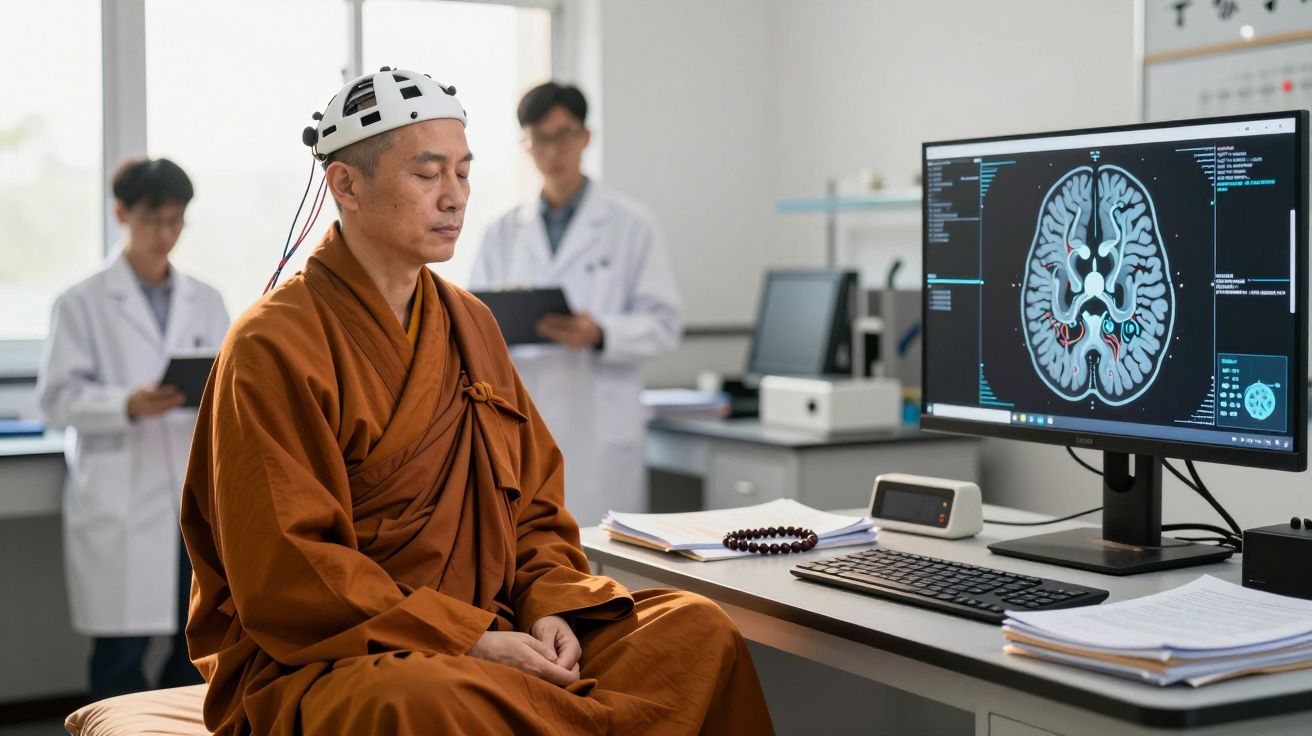 Monge com dispositivo EEG na cabeça medita em laboratório com monitor a mostrar imagens de cérebro e médicos ao fundo.