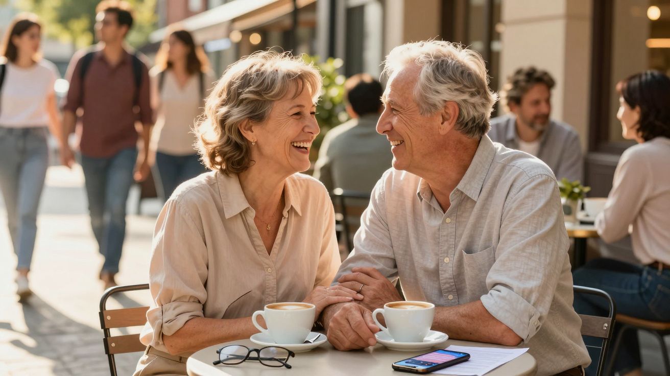 Casal idoso sorridente sentado num café ao ar livre com duas chávenas de café à frente.