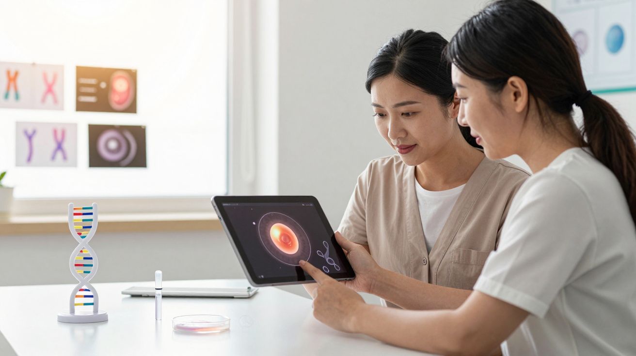 Duas mulheres analisam gráficos científicos com modelo de DNA e artigo de laboratório numa mesa branca.