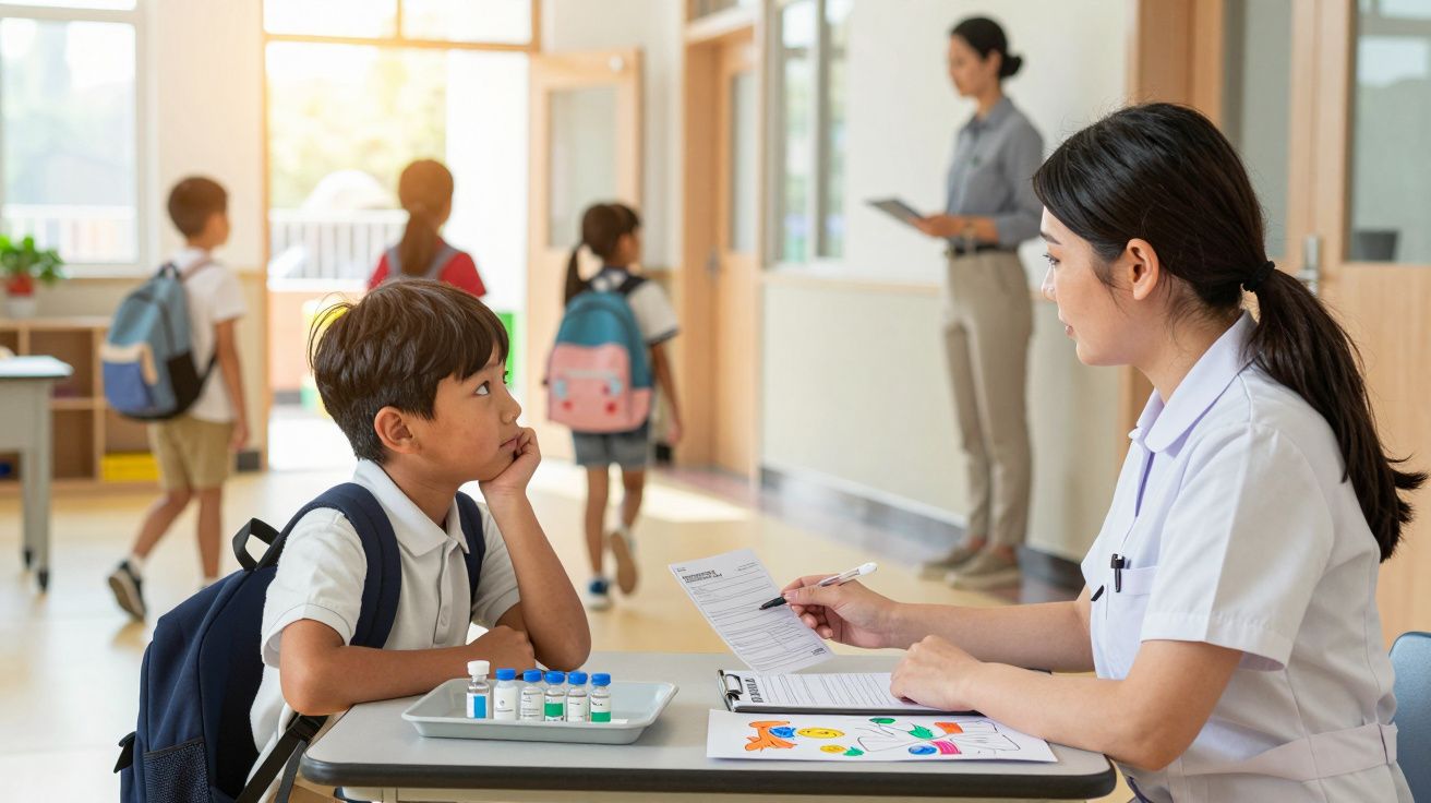 Criança sentada à mesa com mochila, a conversar com profissional de saúde numa escola.