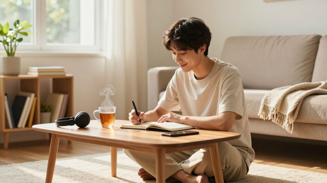 Jovem sentado no chão a escrever num caderno, com chá quente, auscultadores e telemóvel numa mesa de madeira.