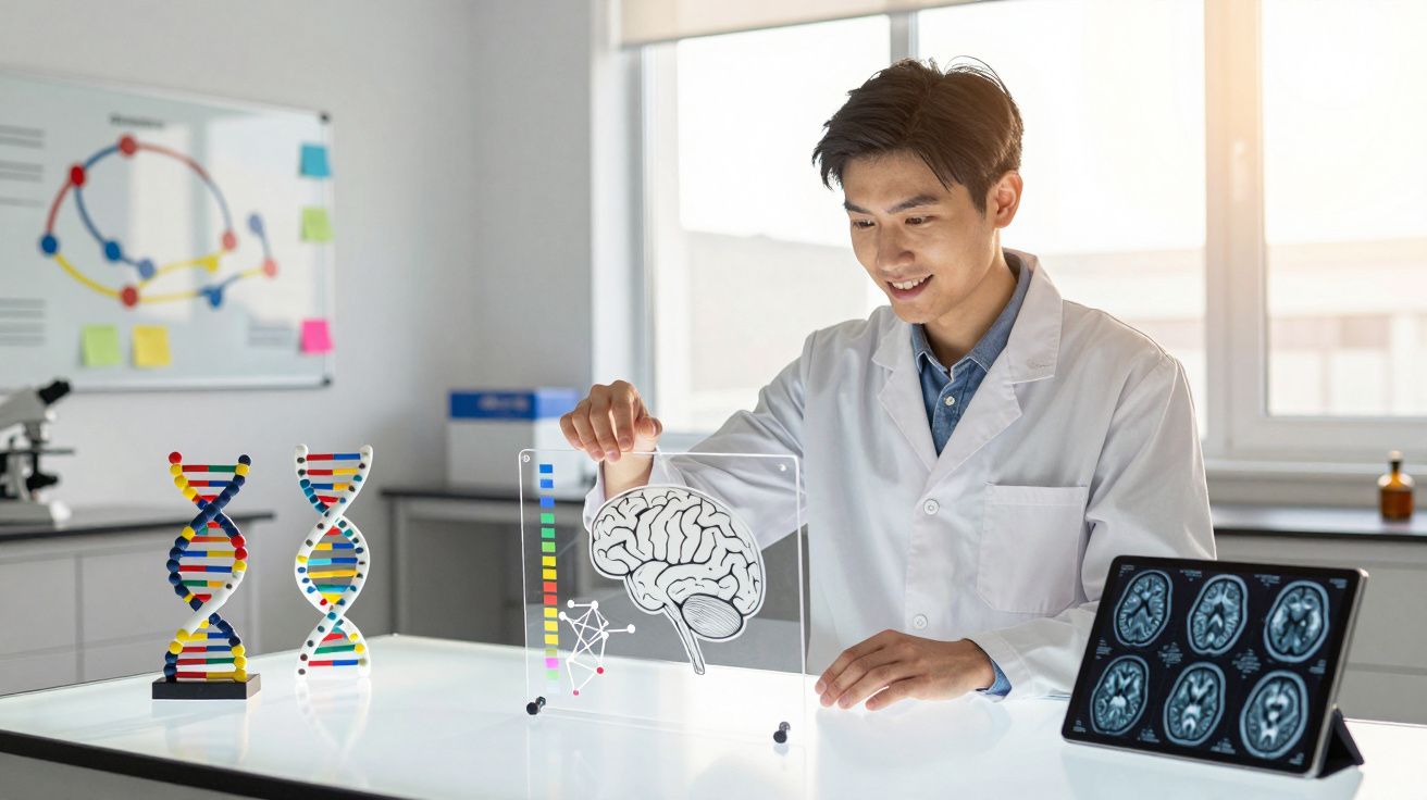 Cientista em laboratório a analisar modelo de cérebro com representações de ADN e cápsulas no laboratório.