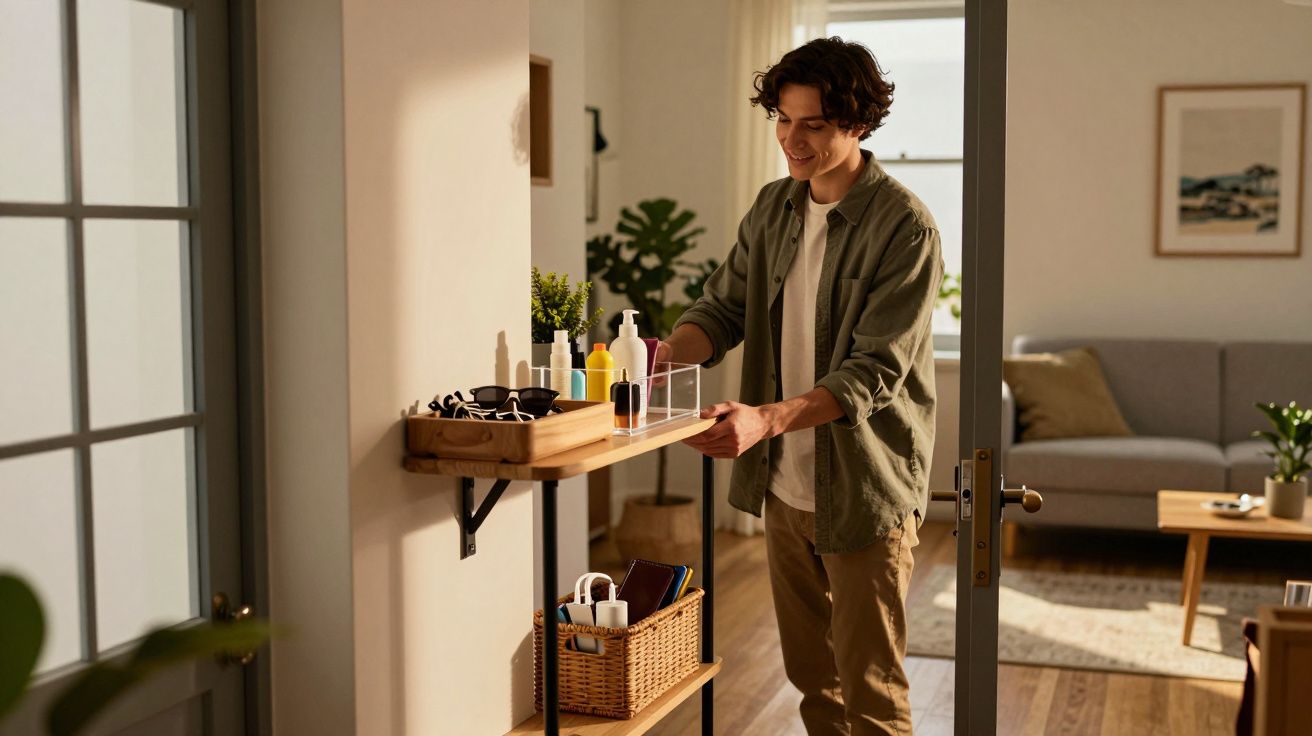 Jovem arrumando produtos numa prateleira perto da entrada de uma sala acolhedora e bem iluminada.