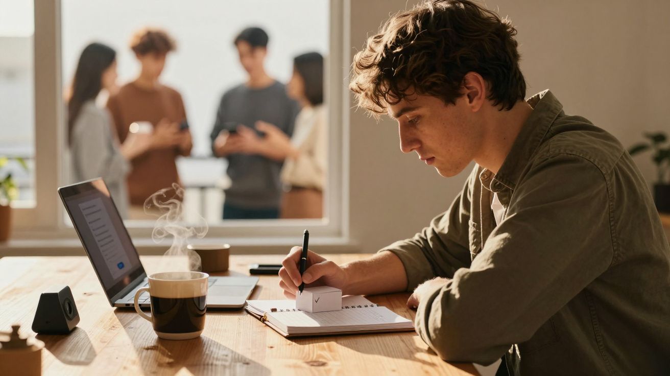 Jovem a escrever numa agenda junto a um computador portátil, com grupo de pessoas ao fundo a conversar.