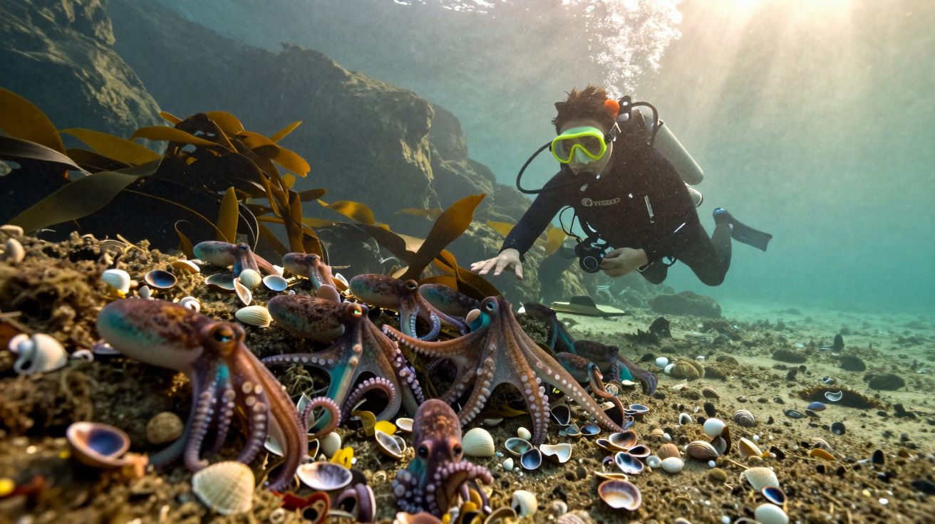 Mergulhador com equipamento completo aproxima-se de vários polvos no fundo do mar rodeado de algas e conchas.