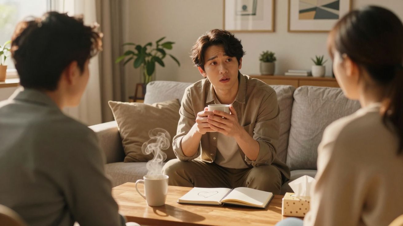 Homem sentado num sofá com chá na mão a falar com duas pessoas em ambiente acolhedor e descontraído.