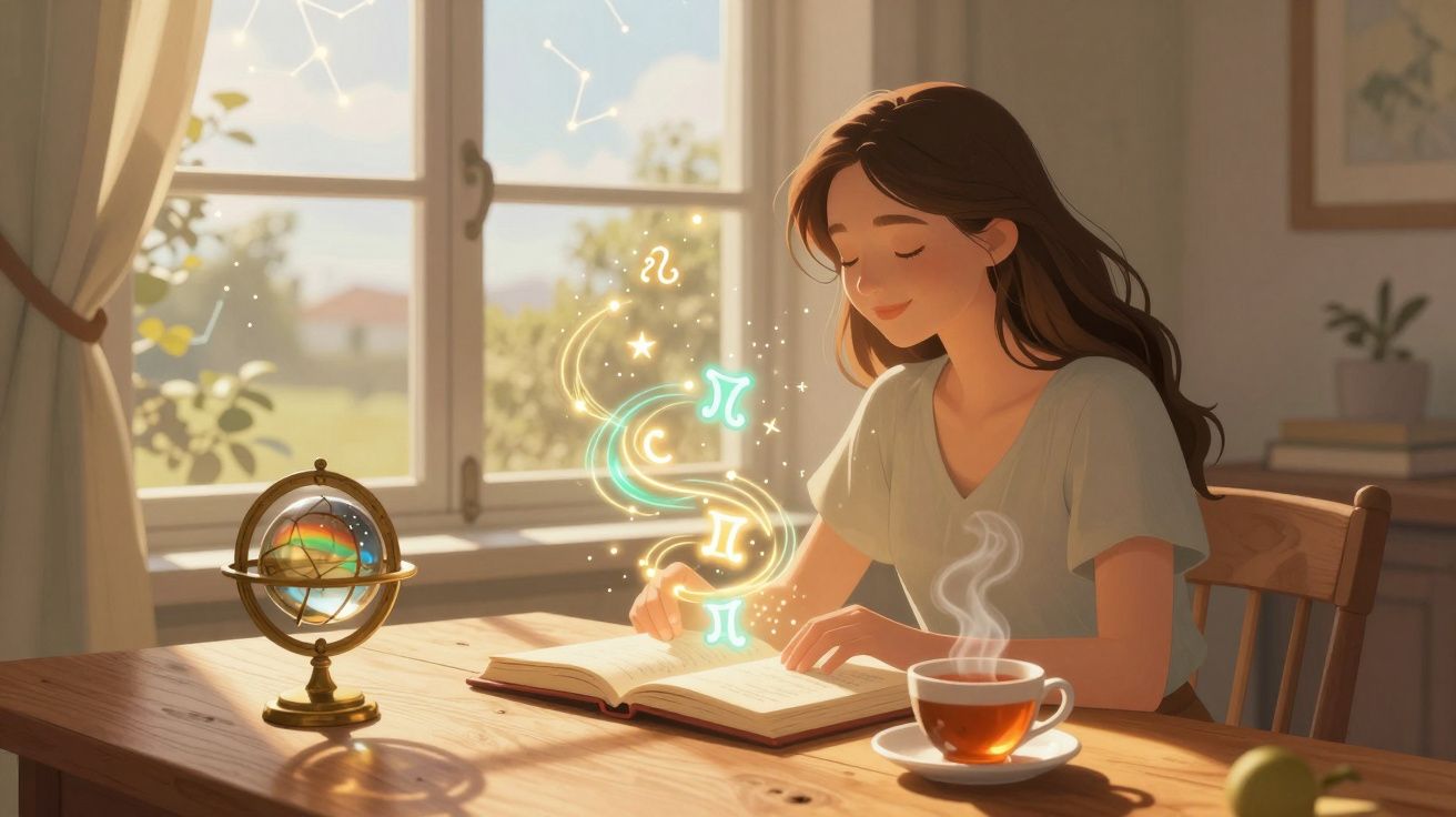 Mulher sentada a ler um livro com símbolos astrológicos a flutuar, ao lado de chá fumegante numa mesa.