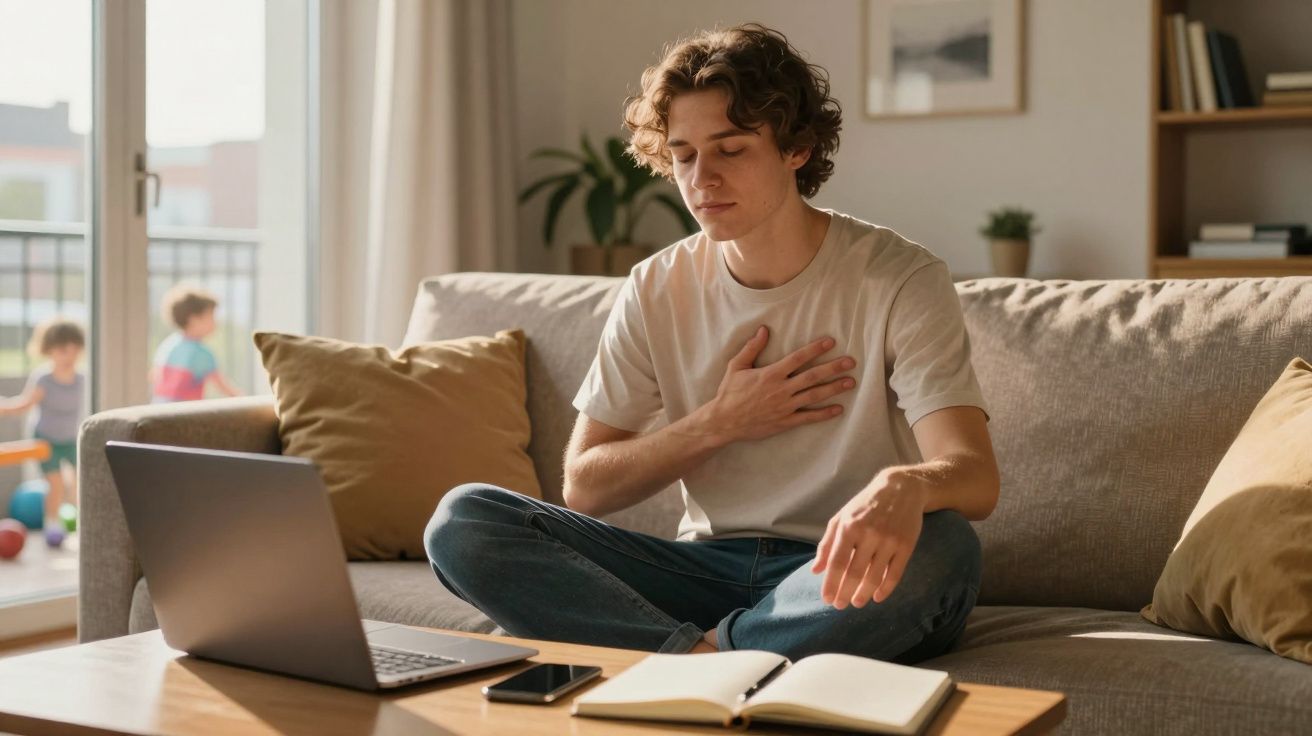 Jovem sentado no sofá de pernas cruzadas, com mão no peito, a meditar com caderno, computador e telemóvel à frente.