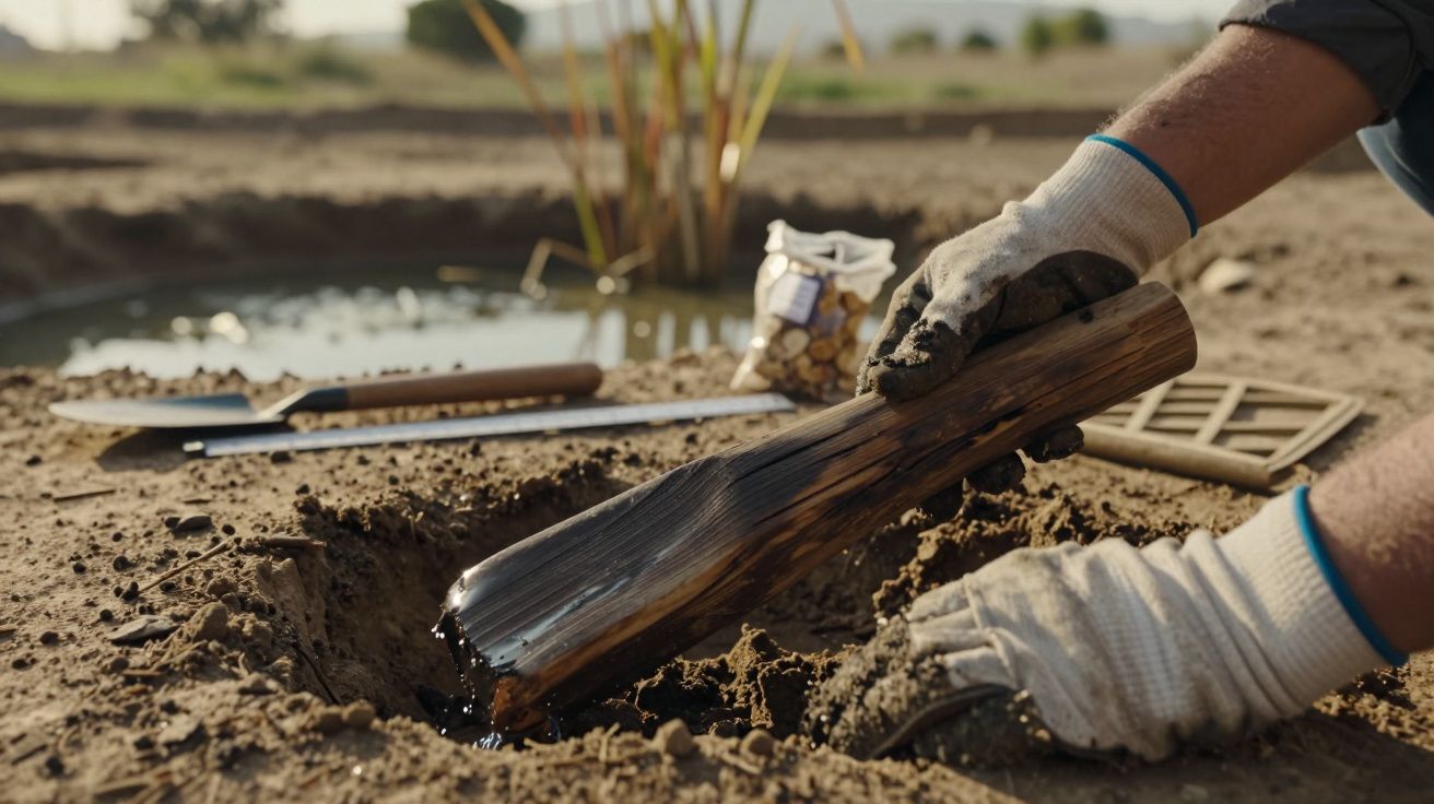 Mãos com luvas a enterrar um pedaço de madeira molhada na terra perto de um pequeno lago artificial.