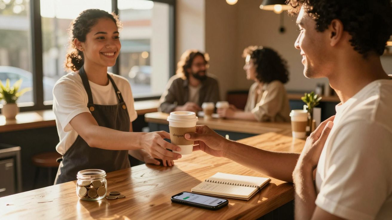 Jovem a servir café para cliente num café, com ambiente acolhedor e pessoas ao fundo.
