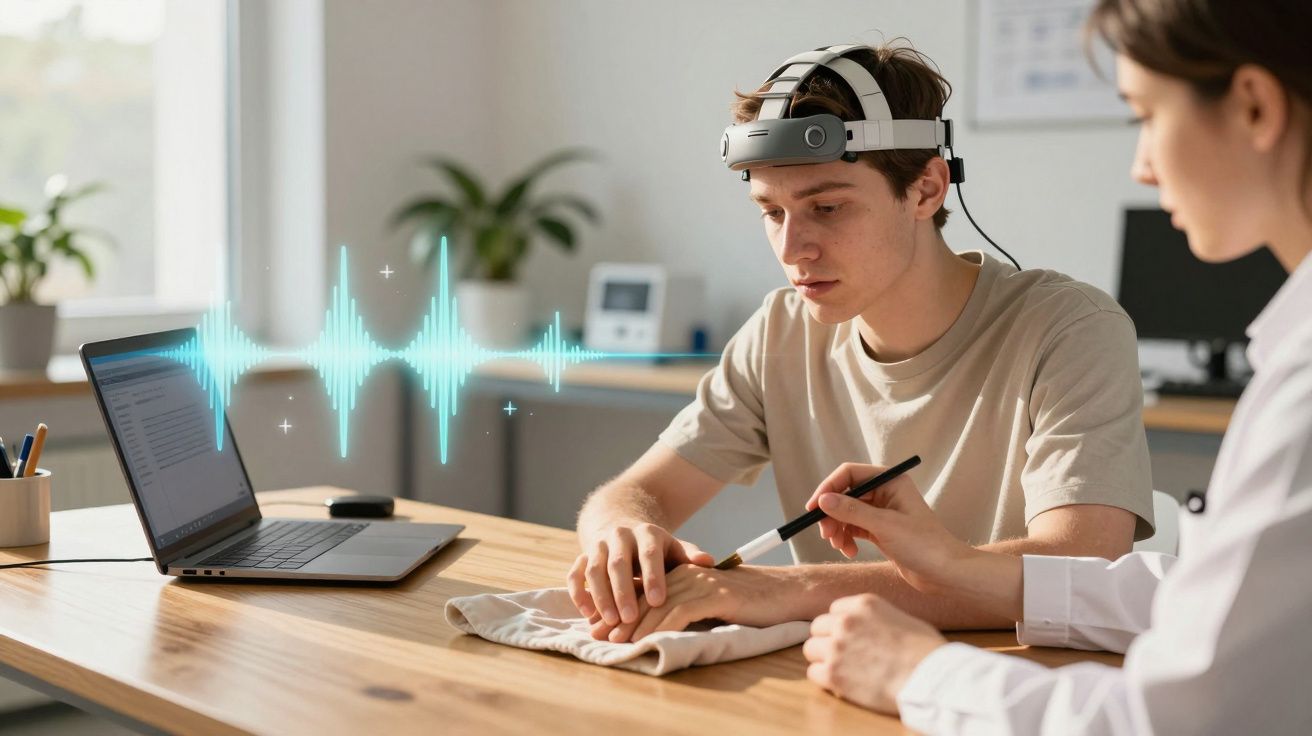 Jovem com dispositivo cerebral a fazer terapia com terapeuta, computador e ondas sonoras visíveis.