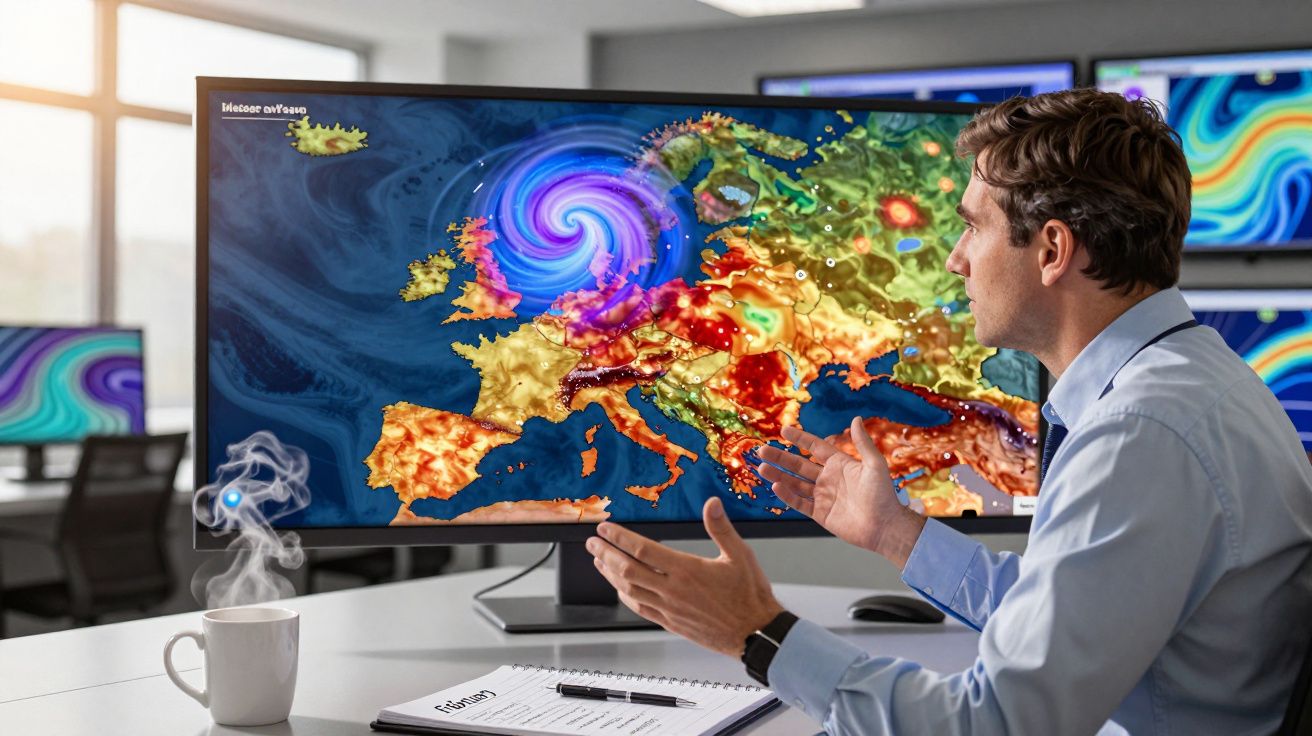 Homem analisa no centro de controlo um mapa meteorológico colorido de tempestades na Europa num ecrã grande.