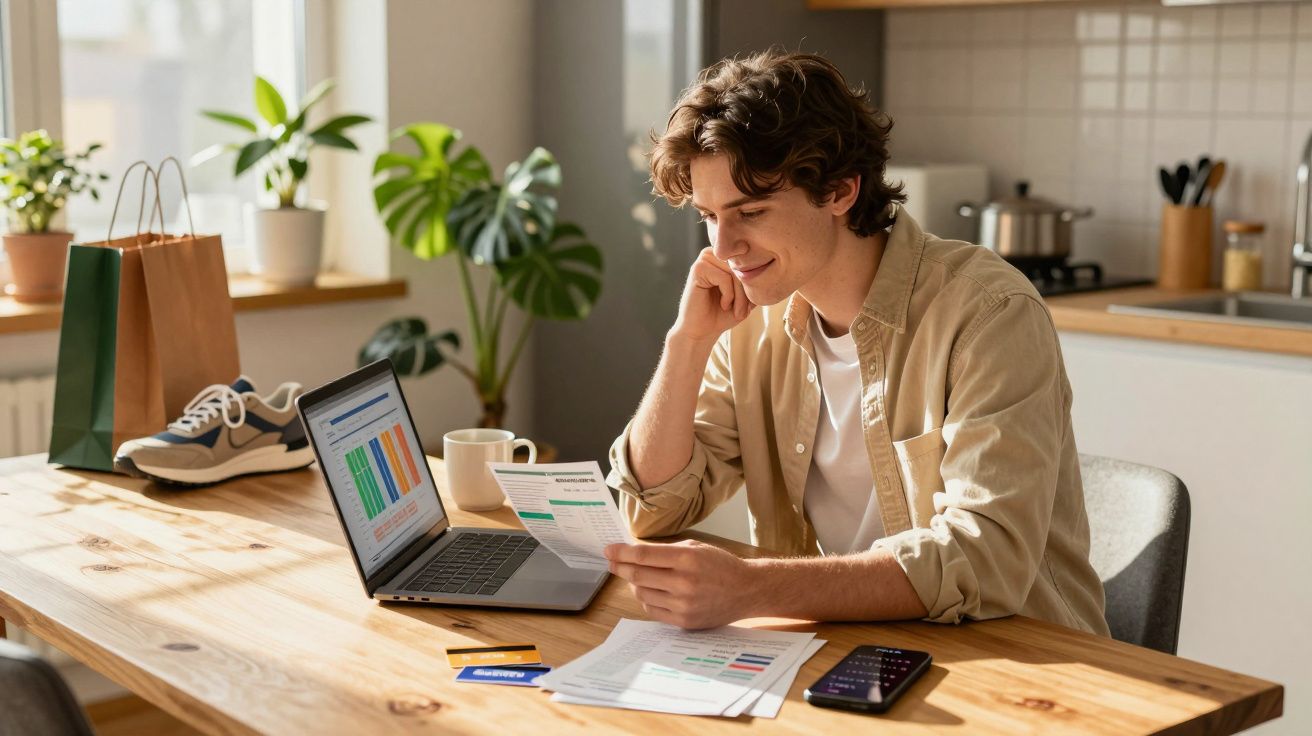 Jovem sentado à mesa a analisar documentos financeiros com portátil, telemóvel, cartão de crédito e chávena.