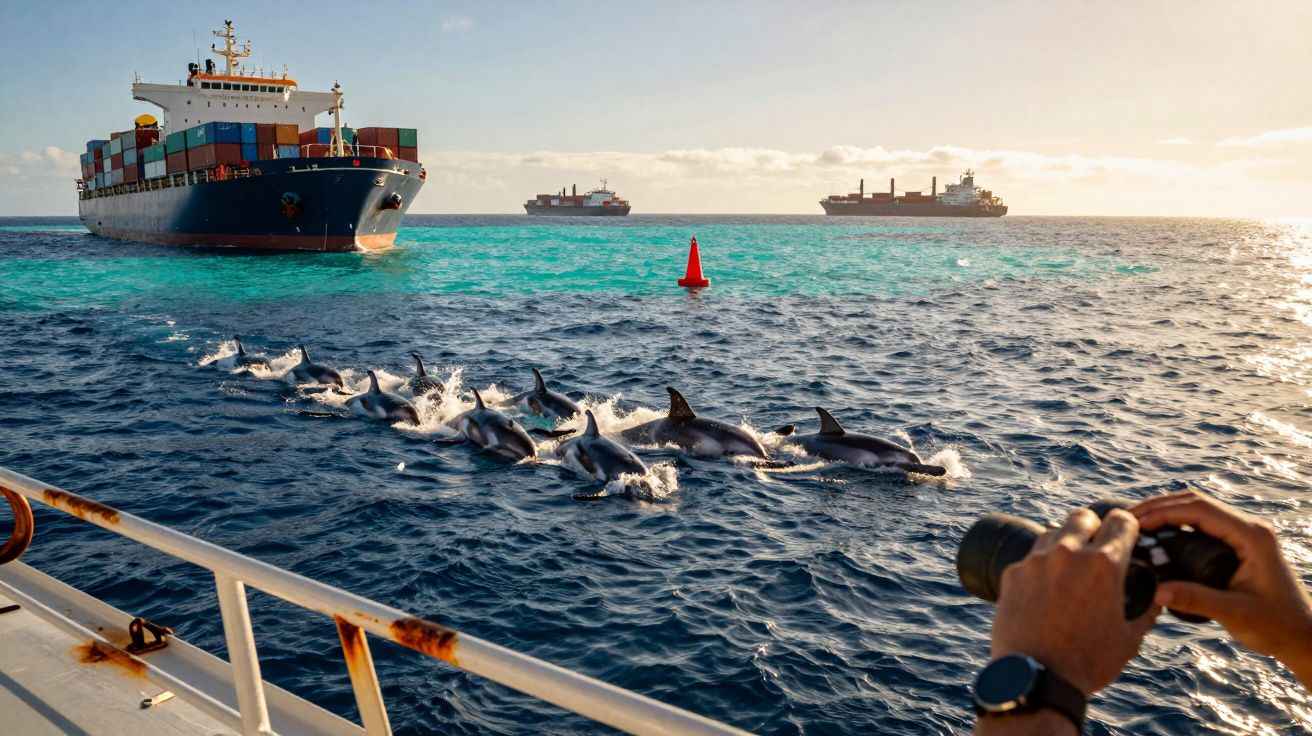 Cardume de golfinhos a nadar próximo de navios de carga no mar, visto da borda de um barco.