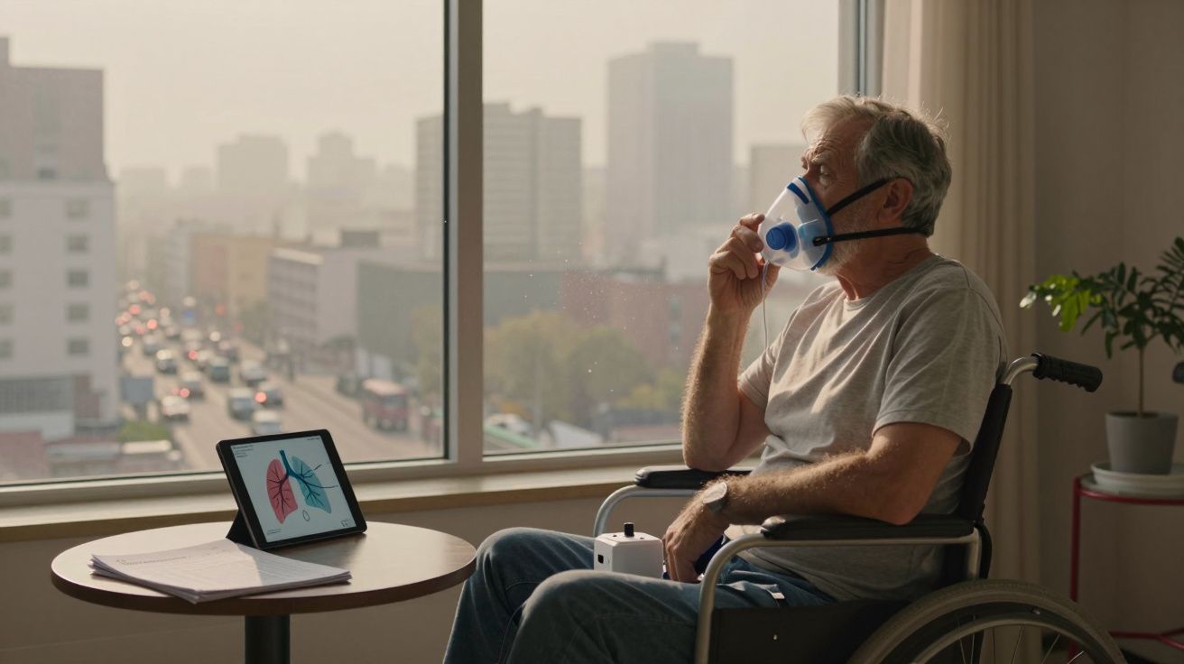 Homem idoso em cadeira de rodas usa máscara de oxigénio enquanto está junto a janela com vista urbana.