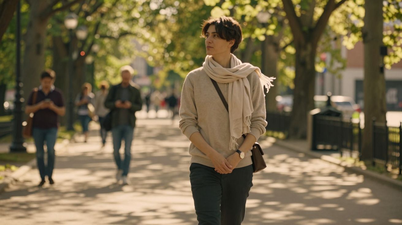 Pessoa jovem a caminhar num parque urbano com árvores e outras pessoas ao fundo, em dia ensolarado.