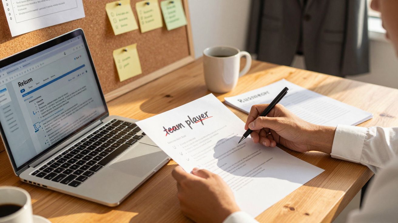 Pessoa a preencher documento intitulado "team player" numa secretária com computador portátil e café.