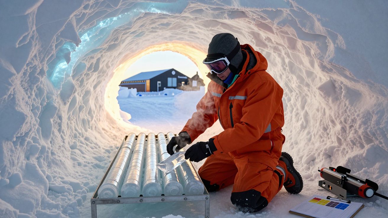 Pessoa vestida com roupa de frio recolhe amostras de gelo dentro de um túnel de neve.