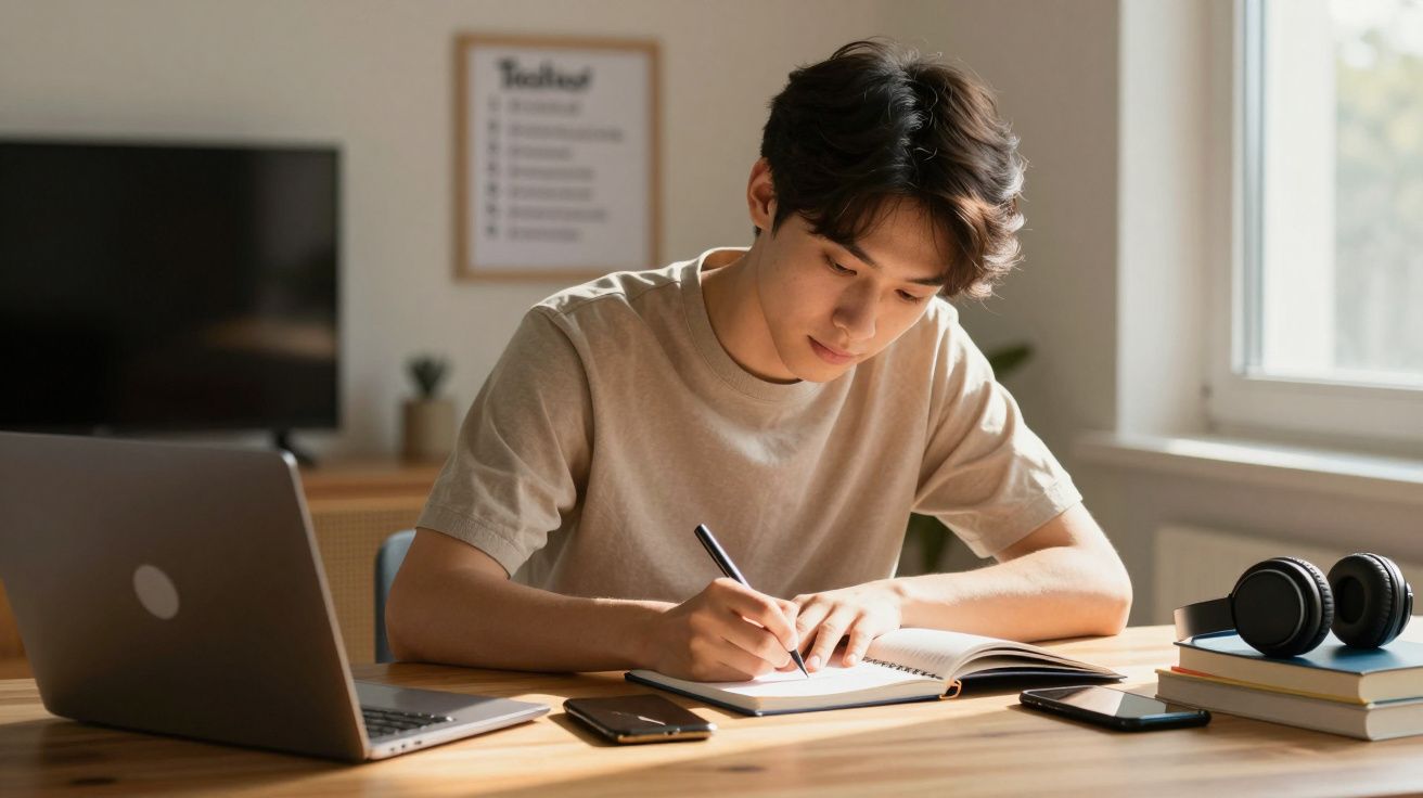 Jovem sentado numa mesa a escrever num caderno, rodeado por portátil, telemóveis, livros e auscultadores.