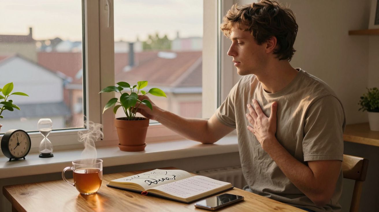 Jovem sentado junto a uma janela, tocando numa planta, com chá quente, livro e telefone sobre a mesa.