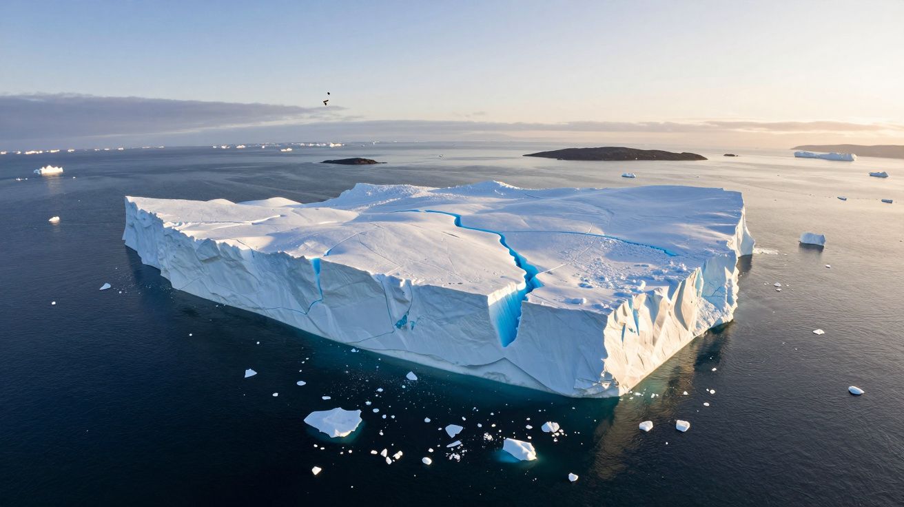Iceberg quadrado flutuando no oceano com pequenos blocos de gelo ao redor durante pôr do sol.