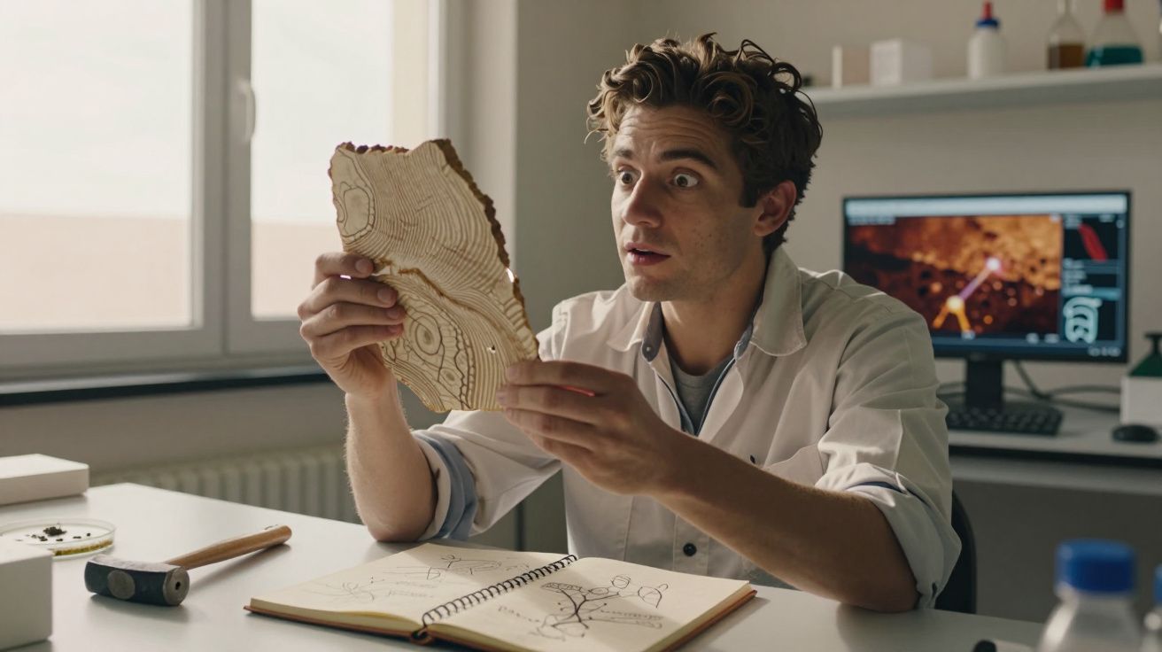 Homem de bata branca analisa um pedaço de tronco com anéis de crescimento num laboratório.