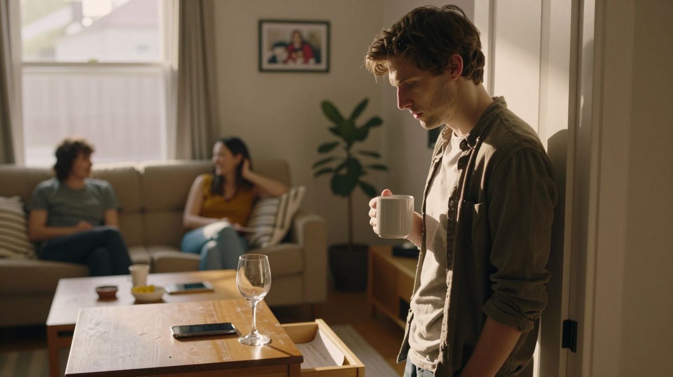 Homem de pé a segurar uma chávena, olhando para baixo, enquanto duas pessoas conversam ao fundo no sofá.