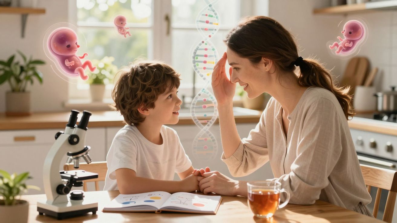 Mãe e filho estudam ciência na cozinha com microscópio, livro aberto e ilustrações de DNA e embriões.
