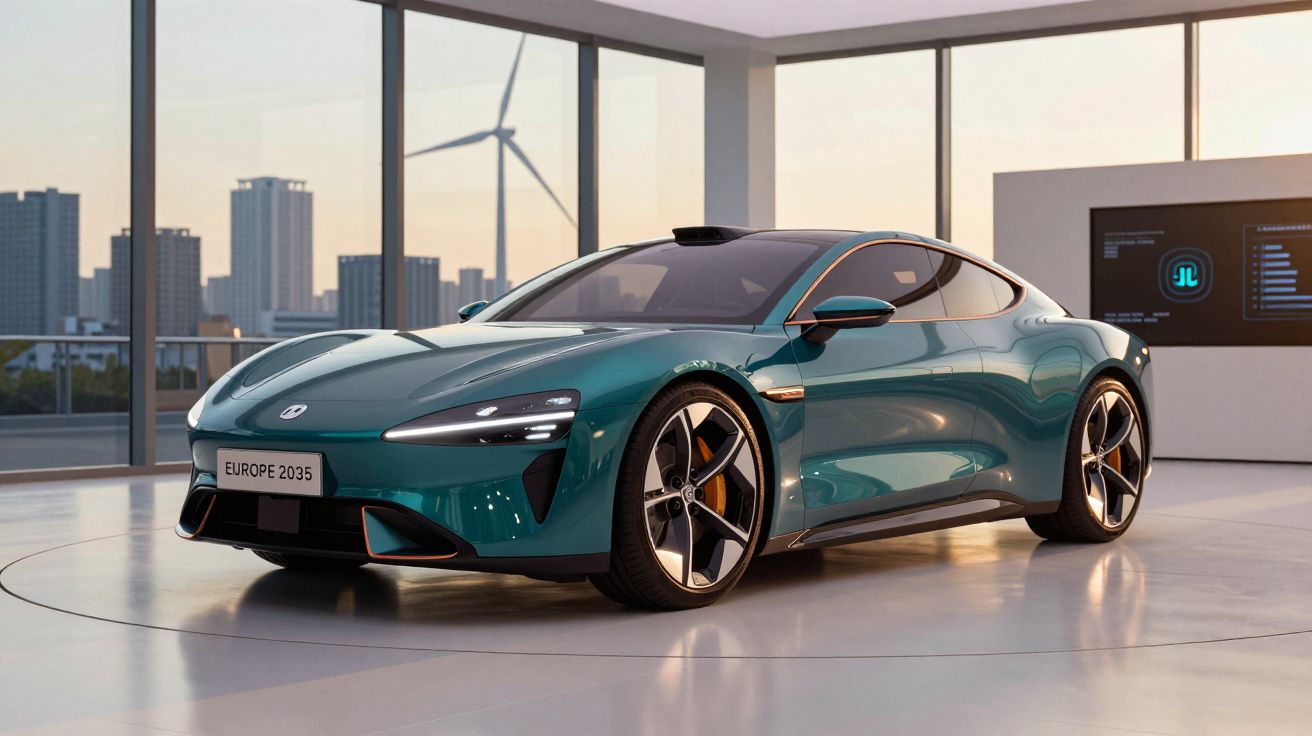 Carro elétrico desportivo verde numa sala moderna com janelas grandes e turbina eólica ao fundo.