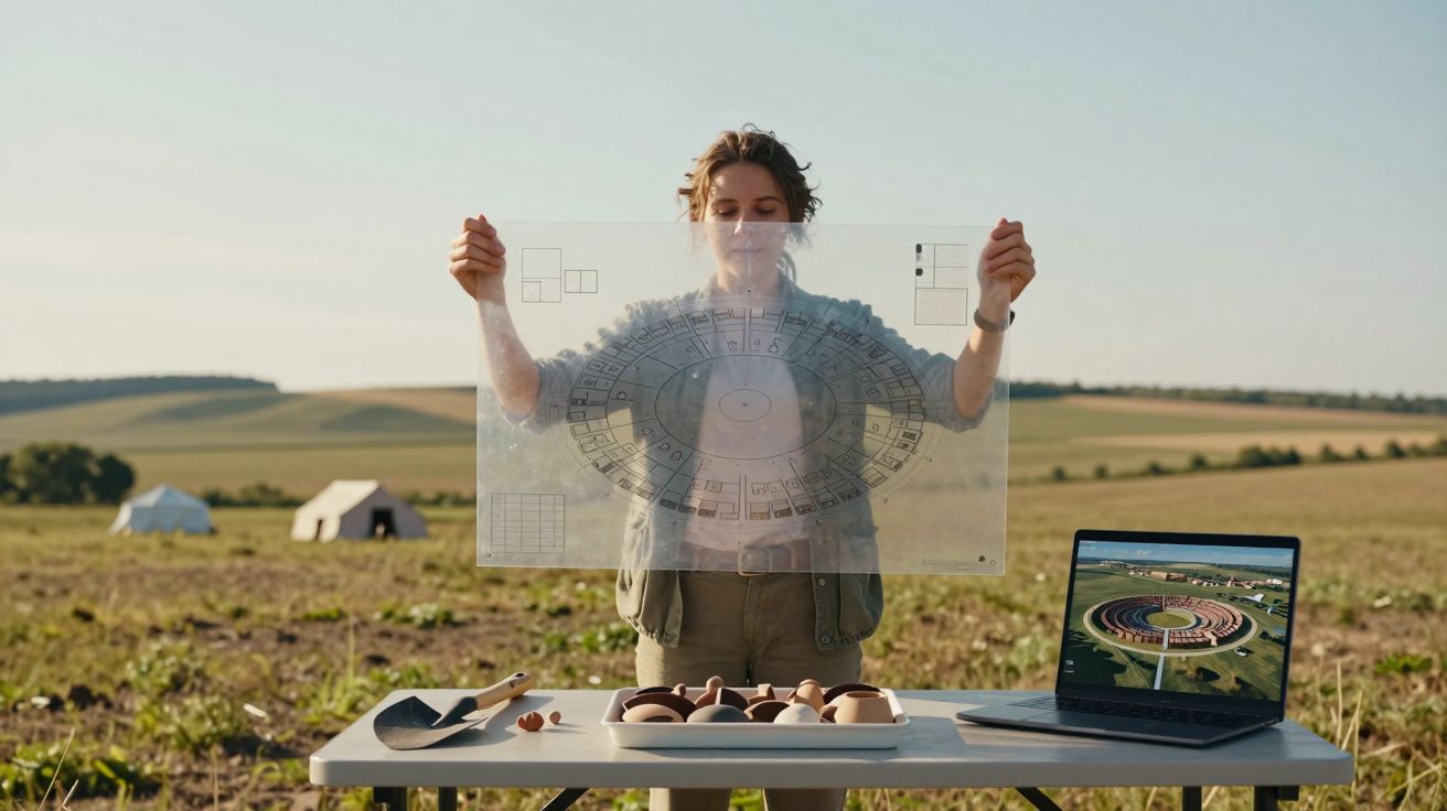 Mulher segura planta transparente com esquema arquitetónico em campo aberto, com laptop e utensílios numa mesa.