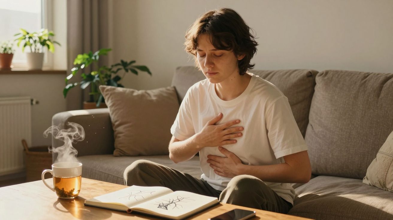 Jovem sentado no sofá, com expressão de desconforto, a segurar o peito direito e o estômago.