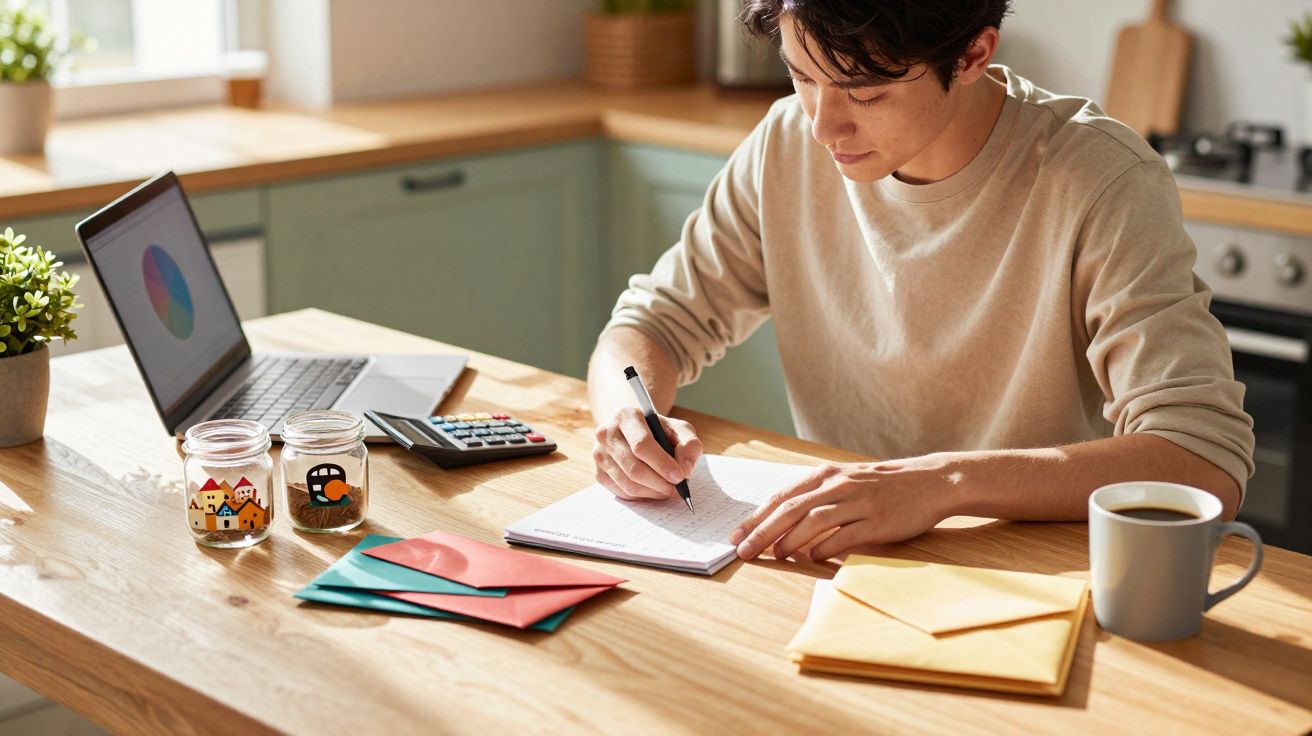 Homem trabalha finanças pessoais com caderno, cartas, calculadora e laptop numa mesa de cozinha iluminada.