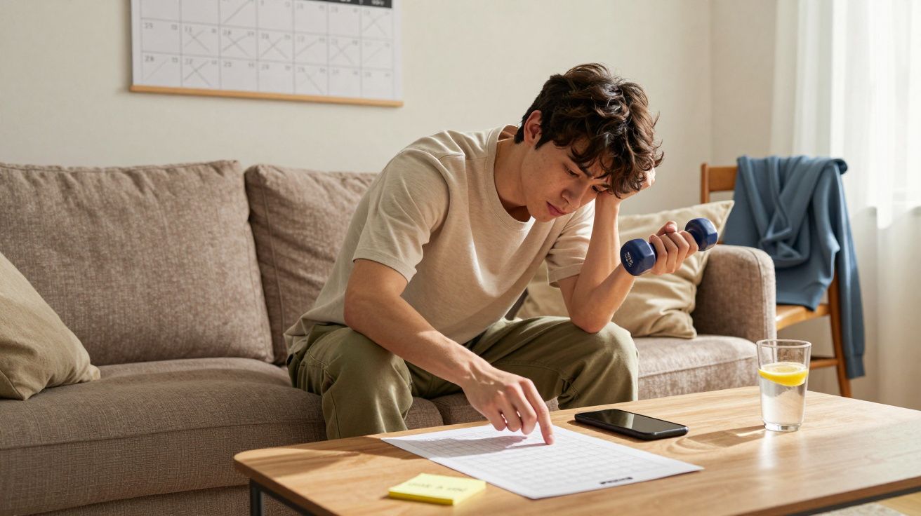 Homem sentado no sofá a olhar para um calendário enquanto segura um haltere azul na mão direita.