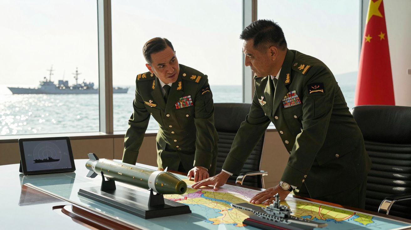 Dois militares em uniforme verde discutem mapas navais com miniaturas de torpedo e navio numa sala com vista para o mar.