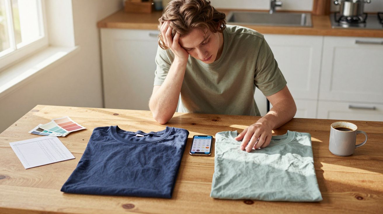 Jovem sentado a pensar com duas t-shirts, paleta de cores, notas e telemóvel sobre a mesa de madeira na cozinha.
